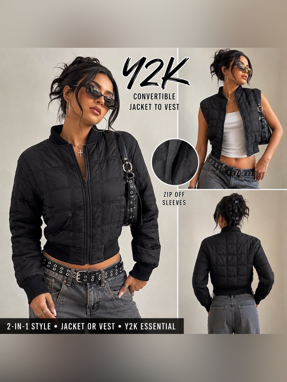 Y2K Mossimo Convertible Bomber Vest Jacket XS Black Quilted Puffer